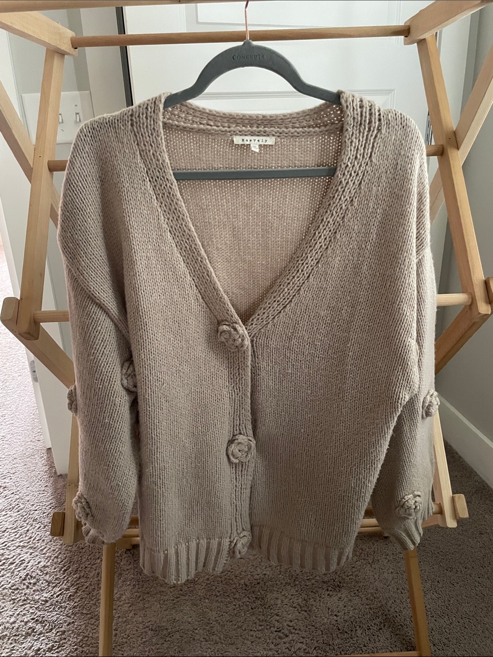 Taupe Knit Cardigan with Flower Button Accents
